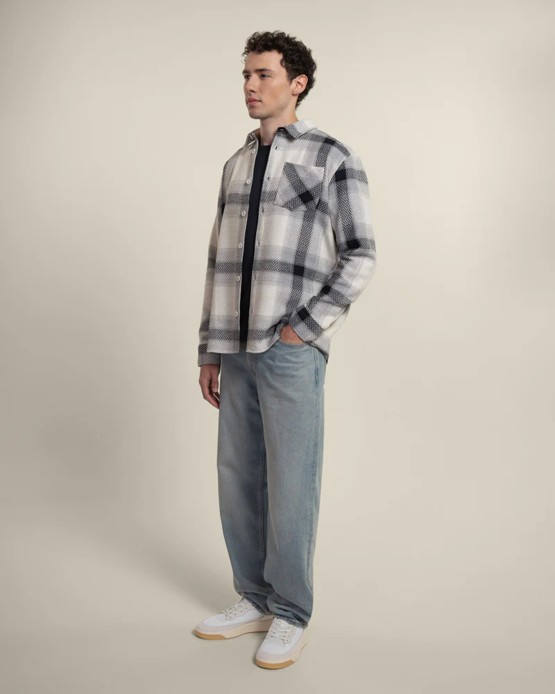 Cream With Navy Check Textured Overshirt - Image 5