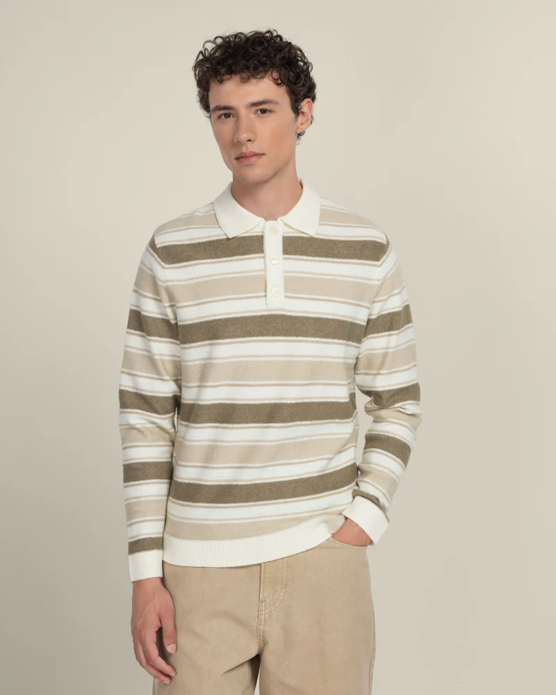 Osterby - Stripe Knitted Long Sleeve Polo Shirt - Image 3