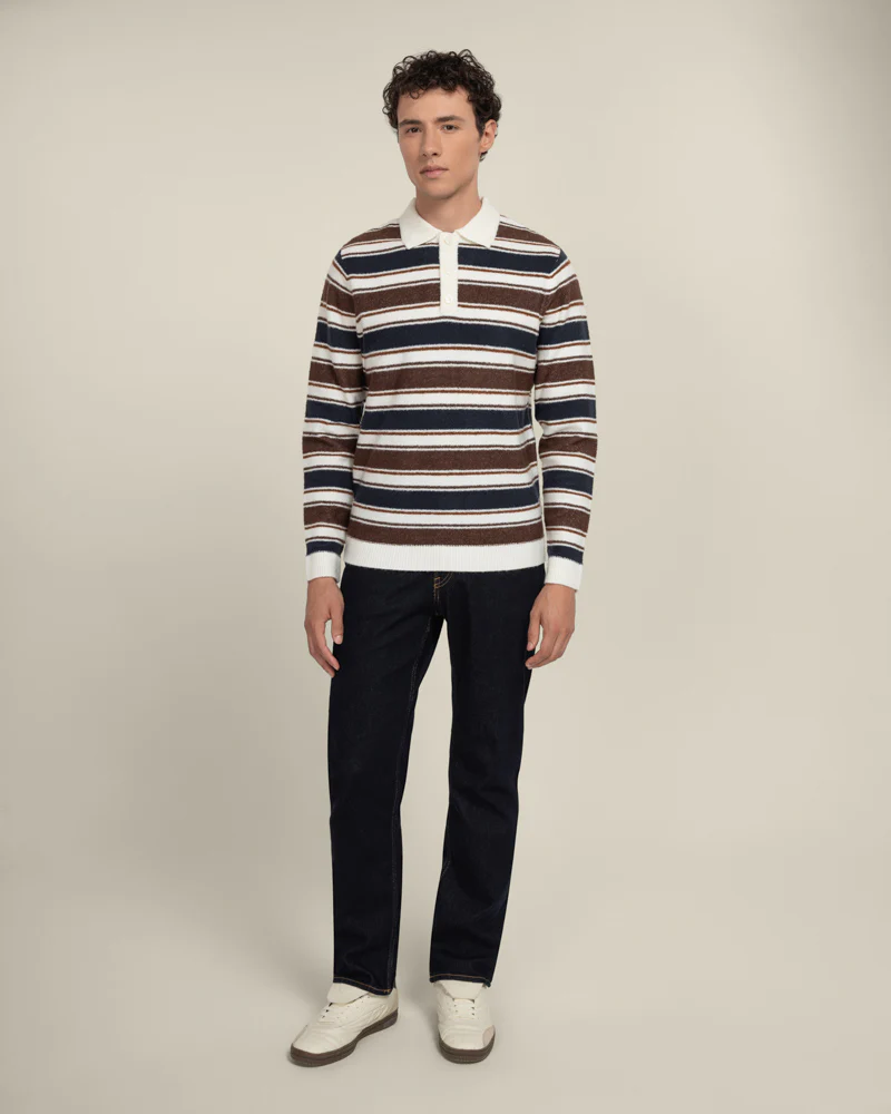 Osterby - Stripe Knitted Long Sleeve Polo Shirt - Image 5
